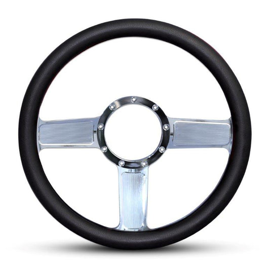 Steering Wheel,Linear style,Aluminum,13 3/4,Half-wrap,Made in the USA,bright clear coat spokes,Black grip