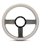 Steering Wheel,Linear style,Aluminum,13 3/4,Half-wrap,Made in the USA,Gloss black anodized spokes,White grip