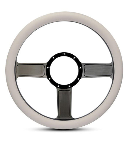 Steering Wheel,Linear style,Aluminum,13 3/4,Half-wrap,Made in the USA,Gloss black anodized spokes,White grip