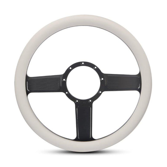 Steering Wheel,Linear style,Aluminum,13 3/4,Half-wrap,Made in the USA,Gloss black Fusioncoat spokes,White grip