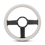 Steering Wheel,Linear style,Aluminum,13 3/4,Half-wrap,Made in the USA,Gloss black Fusioncoat spokes,White grip