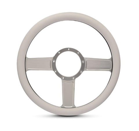 Steering Wheel,Linear style,Aluminum,13 3/4,Half-wrap,Made in the USA,Clear anodized spokes,White grip