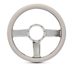 Steering Wheel,Linear style,Aluminum,13 3/4,Half-wrap,Made in the USA,Chrome spokes,White grip