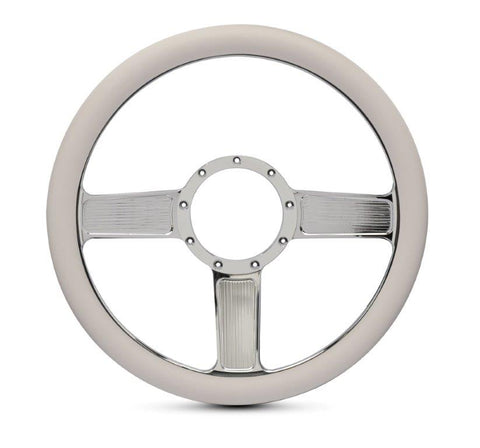 Steering Wheel,Linear style,Aluminum,13 3/4,Half-wrap,Made in the USA,Chrome spokes,White grip