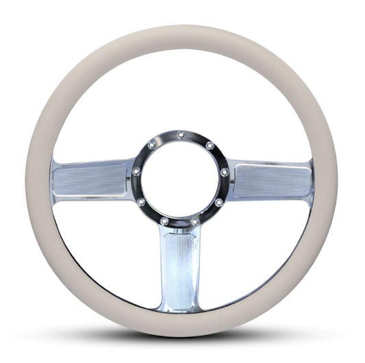 Steering Wheel,Linear style,Aluminum,13 3/4,Half-wrap,Made in the USA,Bright clear coat spokes,White grip