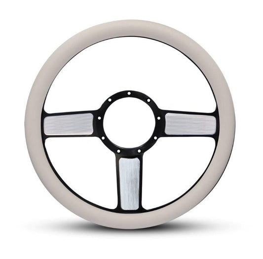 Steering Wheel,Linear style,Aluminum,13 3/4,Half-wrap,Made in USA,Black spokes w/machinedhighlights,White grip