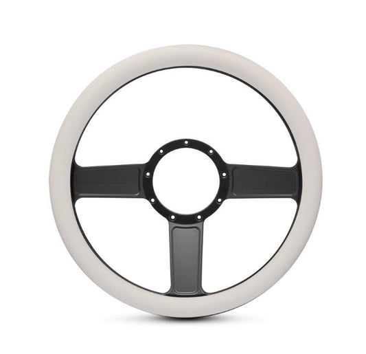 Steering Wheel,Linear style,Aluminum,13 3/4,Half-wrap,Made in the USA,Matte black Fusioncoat spokes,White grip