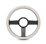 Steering Wheel,Linear style,Aluminum,13 3/4,Half-wrap,Made in the USA,Matte black Fusioncoat spokes,White grip