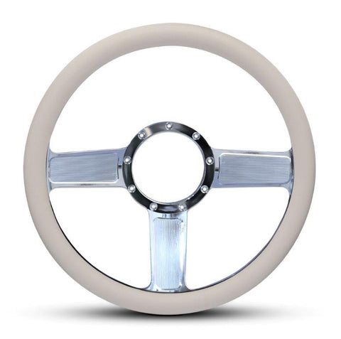 Steering Wheel,Linear style,Aluminum,13 3/4,Half-wrap,Made in the USA,Bright polished spokes,White grip