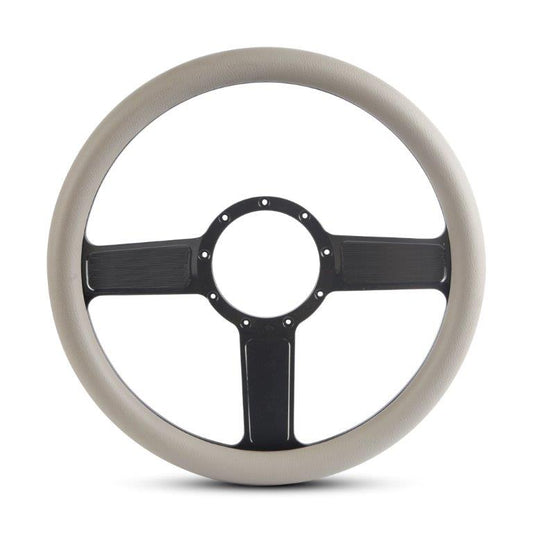 Steering Wheel,Linear style,Aluminum,13 3/4,Half-wrap,Made in the USA,Gloss black anodized spokes,Grey grip