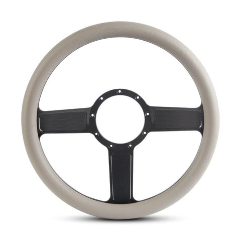 Steering Wheel,Linear style,Aluminum,13 3/4,Half-wrap,Made in the USA,Gloss black Fusioncoat spokes,Grey grip