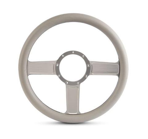 Steering Wheel,Linear style,Aluminum,13 3/4,Half-wrap,Made in the USA,Clear anodized spokes,Grey grip