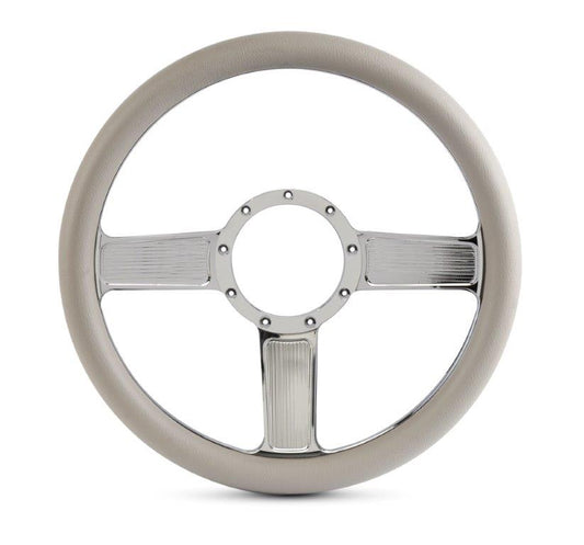 Steering Wheel,Linear style,Aluminum,13 3/4,Half-wrap,Made in the USA,Chrome spokes,Grey grip