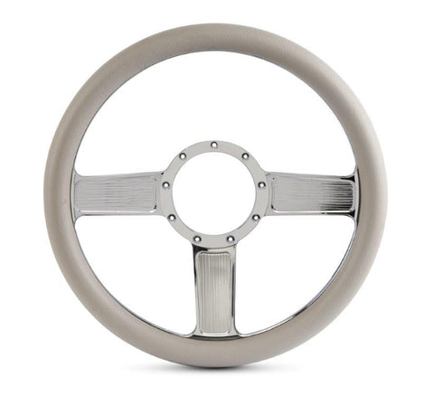 Steering Wheel,Linear style,Aluminum,13 3/4,Half-wrap,Made in the USA,Chrome spokes,Grey grip