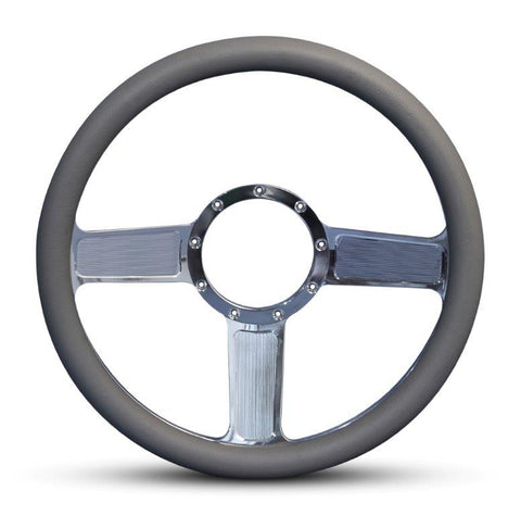 Steering Wheel,Linear style,Aluminum,13 3/4,Half-wrap,Made in the USA,bright clear coat spokes,Grey grip