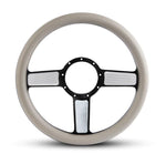 Steering Wheel,Linear style,Aluminum,13 3/4,Half-wrap,Made in USA,Black spokes w/machinedhighlights,Grey grip