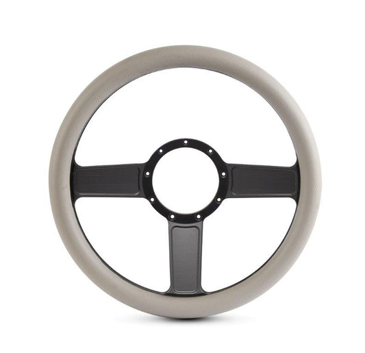 Steering Wheel,Linear style,Aluminum,13 3/4,Half-wrap,Made in the USA,Matte black Fusioncoat spokes,Grey grip