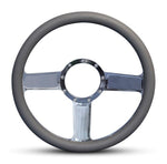 Steering Wheel,Linear style,Aluminum,13 3/4,Half-wrap,Made in the USA,Bright polished spokes,Grey grip