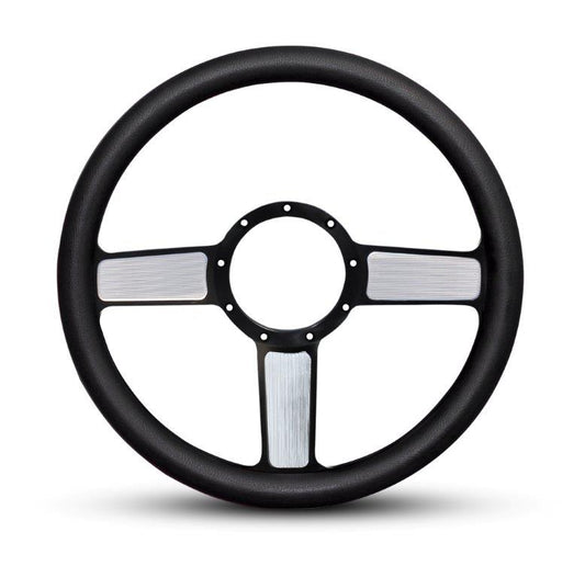 Steering Wheel,Linear style,Aluminum,13 3/4,Half-wrap,Made in USA,Black spokes w/machinedhighlights,Black grip