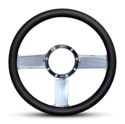 Steering Wheel,Linear style,Aluminum,13 3/4,Half-wrap,Made in the USA,Bright polished spokes,Black grip