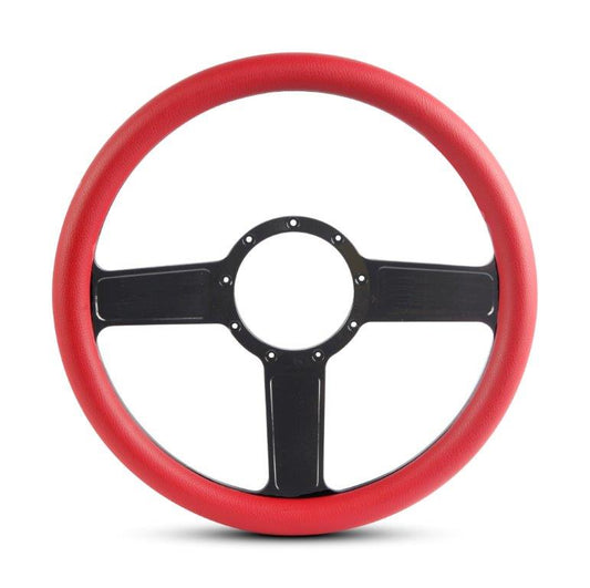 Steering Wheel,Linear style,Aluminum,13 3/4,Half-wrap,Made in the USA,Gloss black anodized spokes,Red grip