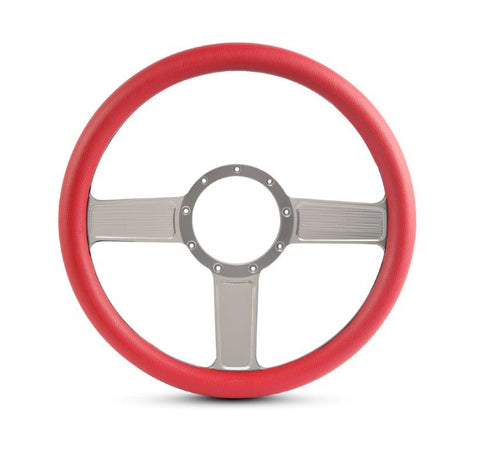 Steering Wheel,Linear style,Aluminum,13 3/4,Half-wrap,Made in the USA,Clear anodized spokes,Red grip