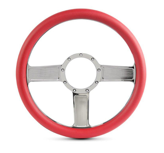 Steering Wheel,Linear style,Aluminum,13 3/4,Half-wrap,Made in the USA,Chrome spokes,Red grip