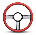 Steering Wheel,Linear style,Aluminum,13 3/4,Half-wrap,Made in USA,Black spokes w/machinedhighlights,Red grip