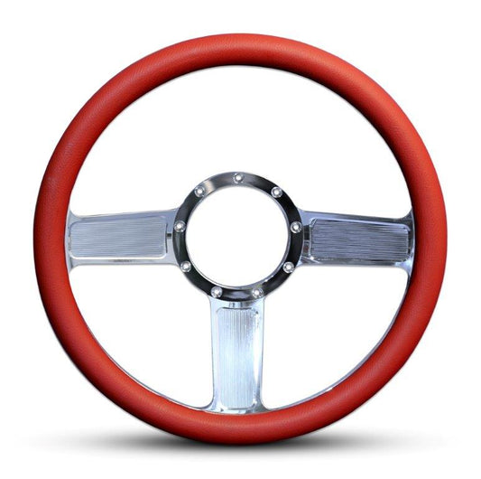 Steering Wheel,Linear style,Aluminum,13 3/4,Half-wrap,Made in the USA,Bright polished spokes,Red grip