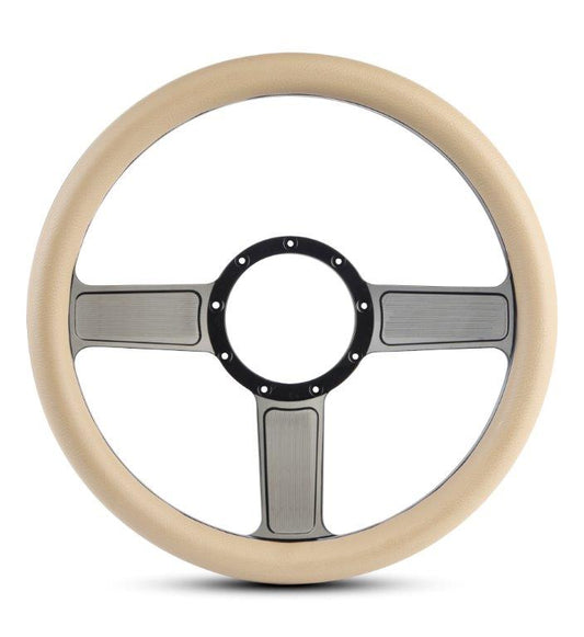 Steering Wheel,Linear style,Aluminum,13 3/4,Half-wrap,Made in the USA,Gloss black anodized spokes,Tan grip