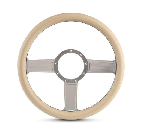 Steering Wheel,Linear style,Aluminum,13 3/4,Half-wrap,Made in the USA,Clear anodized spokes,Tan grip