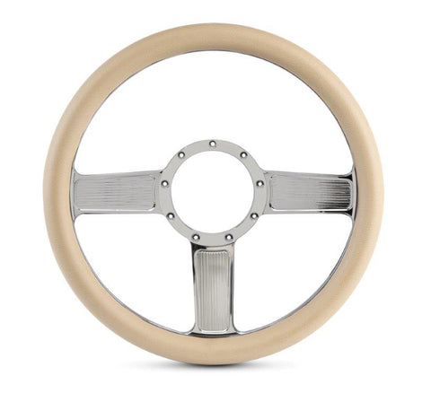 Steering Wheel,Linear style,Aluminum,13 3/4,Half-wrap,Made in the USA,Chrome spokes,Tan grip