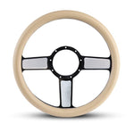 Steering Wheel,Linear style,Aluminum,13 3/4,Half-wrap,Made in USA,Black spokes w/machinedhighlights,Tan grip