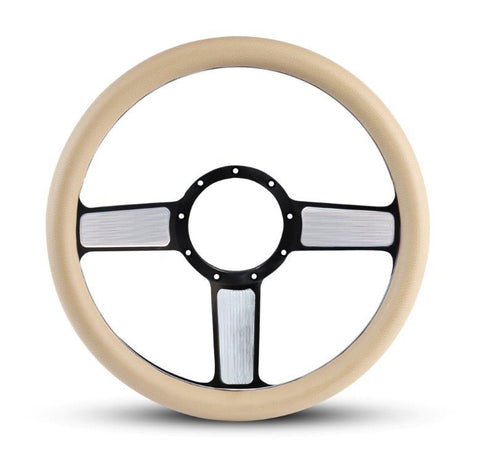 Steering Wheel,Linear style,Aluminum,13 3/4,Half-wrap,Made in USA,Black spokes w/machinedhighlights,Tan grip