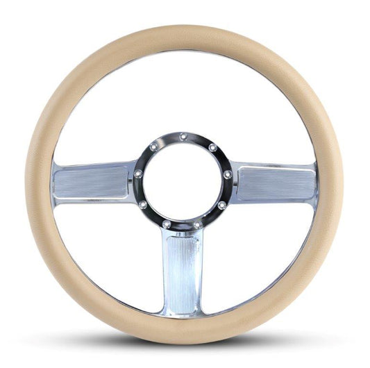 Steering Wheel,Linear style,Aluminum,13 3/4,Half-wrap,Made in the USA,Bright polished spokes,Tan grip