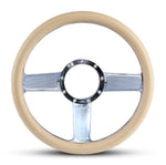 Steering Wheel,Linear style,Aluminum,13 3/4,Half-wrap,Made in the USA,Bright polished spokes,Tan grip