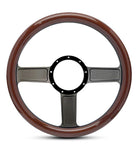 Steering Wheel,Aluminum,13 3/4",Half-wrap,Linear style,Made In USA,Gloss black anodize spokes,Wood grip