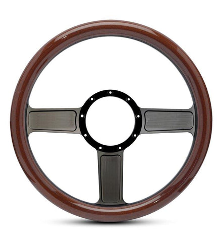 Steering Wheel,Aluminum,13 3/4",Half-wrap,Linear style,Made In USA,Gloss black anodize spokes,Wood grip