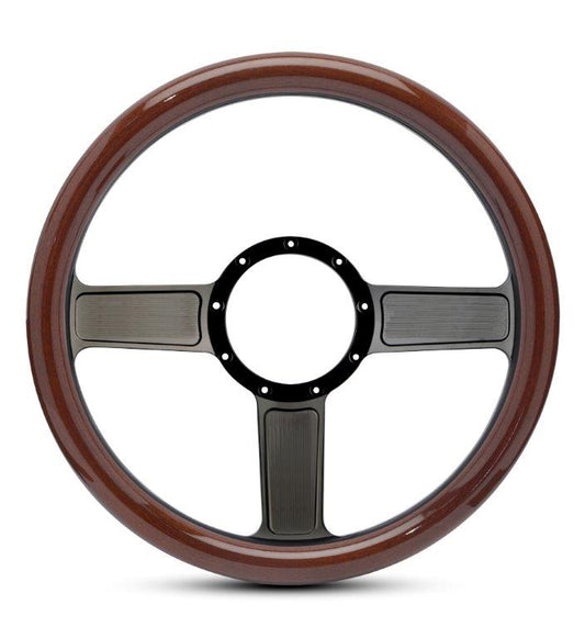 Steering Wheel,Aluminum,13 3/4",Half-wrap,Linear style,Made In USA,Gloss black spokes,Wood grip