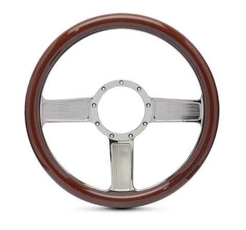 Steering Wheel,Aluminum,13 3/4",Half-wrap,Linear style,Made In USA,Chrome plated spokes,Wood grip