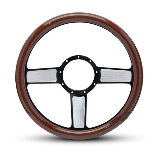 Steering Wheel,Aluminum,13 3/4",Half-wrap,Linear style,Made In USA,Black spokes w/machine highlights,Wood grip