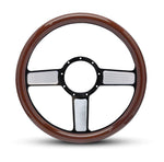 Steering Wheel,Aluminum,13 3/4",Half-wrap,Linear style,Made In USA,Black spokes w/machine highlights,Wood grip