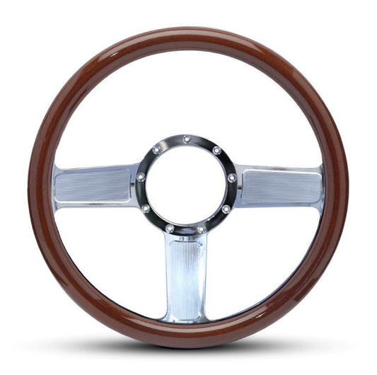 Steering Wheel,Aluminum,13 3/4",Half-wrap,Linear style,Made In USA,Bright polished finish,Wood grip