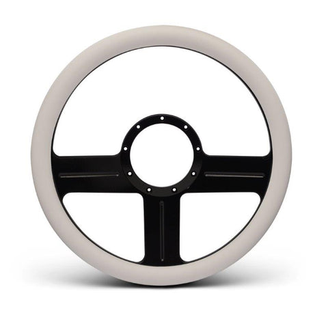 Steering Wheel,G3 style,Aluminum,13 3/4,Half-wrap,Made in the USA,Gloss black Fusioncoat spokes,White grip