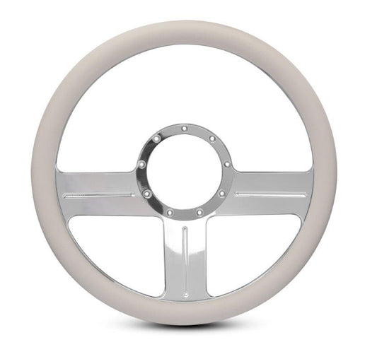 Steering Wheel,G3 style,Aluminum,13 3/4,Half-wrap,Made in the USA,Chrome spokes,White grip