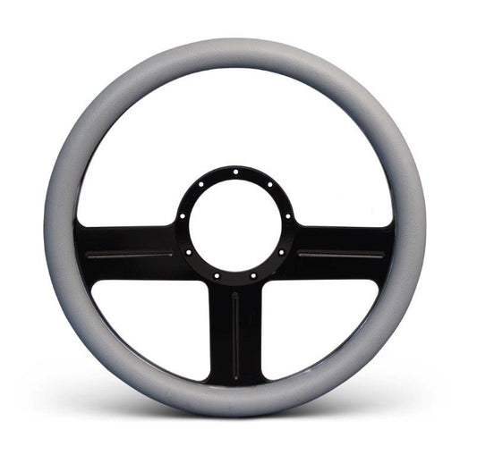 Steering Wheel,G3 style,Aluminum,13 3/4,Half-wrap,Made in the USA,Gloss black anodized spokes,Grey grip