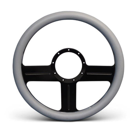 Steering Wheel,G3 style,Aluminum,13 3/4,Half-wrap,Made in the USA,Gloss black anodized spokes,Grey grip