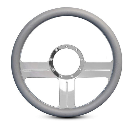 Steering Wheel,G3 style,Aluminum,13 3/4,Half-wrap,Made in the USA,Bright polished spokes,Grey grip