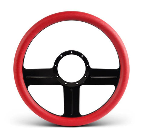 Steering Wheel,G3 style,Aluminum,13 3/4,Half-wrap,Made in the USA,Gloss black anodized spokes,Red grip