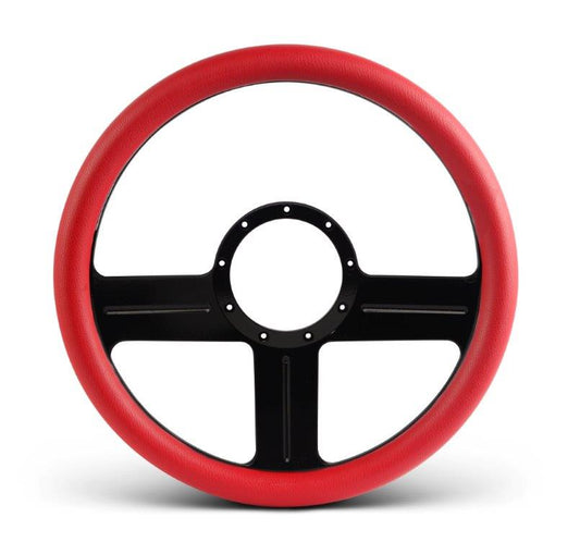 Steering Wheel,G3 style,Aluminum,13 3/4,Half-wrap,Made in the USA,Gloss black Fusioncoat spokes,Red grip